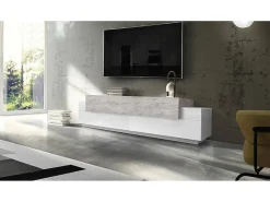 Clearance Dmora Móvel de TV Teo, Aparador baixo de sala, Base de móvel de televisão, 100% Fabricado em Itália, 200x45h52 cm, brilhante e cimento Branco