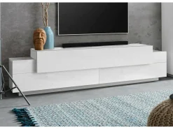 Móvel De Tv*Dmora Móvel de TV Teo, aparador baixo da sala, base de móvel de TV, 100% Fabricado na Itália, 200x45h52 cm, brilhante Branco