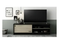 Móvel De Tv| Móvel de TV Tomy com porta de correr e armazenamento - Decoração de carvalho kronberg e - L 151,3 x P 42,3 x A 42,7 cm Preto