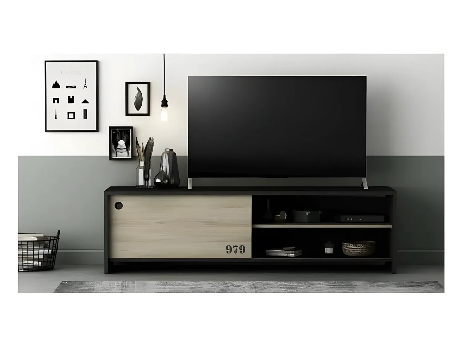 Móvel De Tv| Móvel de TV Tomy com porta de correr e armazenamento - Decoração de carvalho kronberg e - L 151,3 x P 42,3 x A 42,7 cm Preto