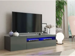 Dmora Móvel de TV Turi, Aparador baixo de sala, Base de móvel de televisão, 100% Fabricado em Itália, 150x40h37 cm, Antracite brilhante, com luz LED^ Móvel De Tv