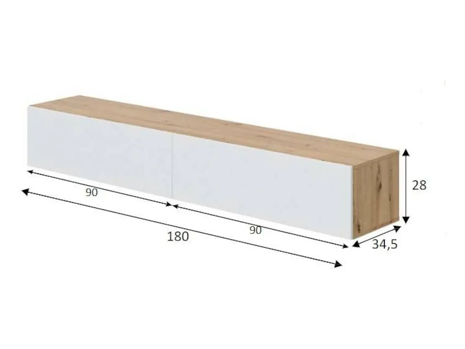 Dmora Móvel de TV Vincennes, móvel de TV de 2 portas, móvel de sala suspenso, 180x35h28 cm, carvalho atado e brilhante Branco
