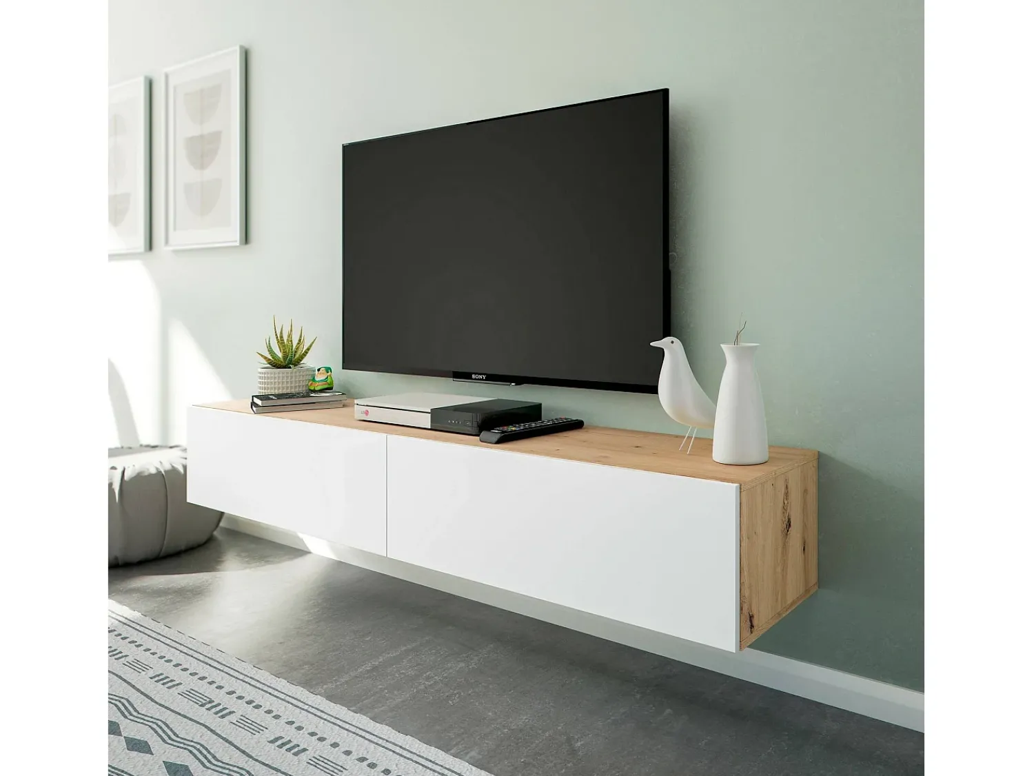 Dmora Móvel de TV Vincennes, móvel de TV de 2 portas, móvel de sala suspenso, 180x35h28 cm, carvalho atado e brilhante Branco