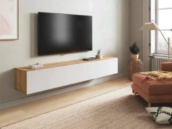 Dmora Móvel de TV Vincennes, móvel de TV de 2 portas, móvel de sala suspenso, 180x35h28 cm, carvalho atado e brilhante Branco