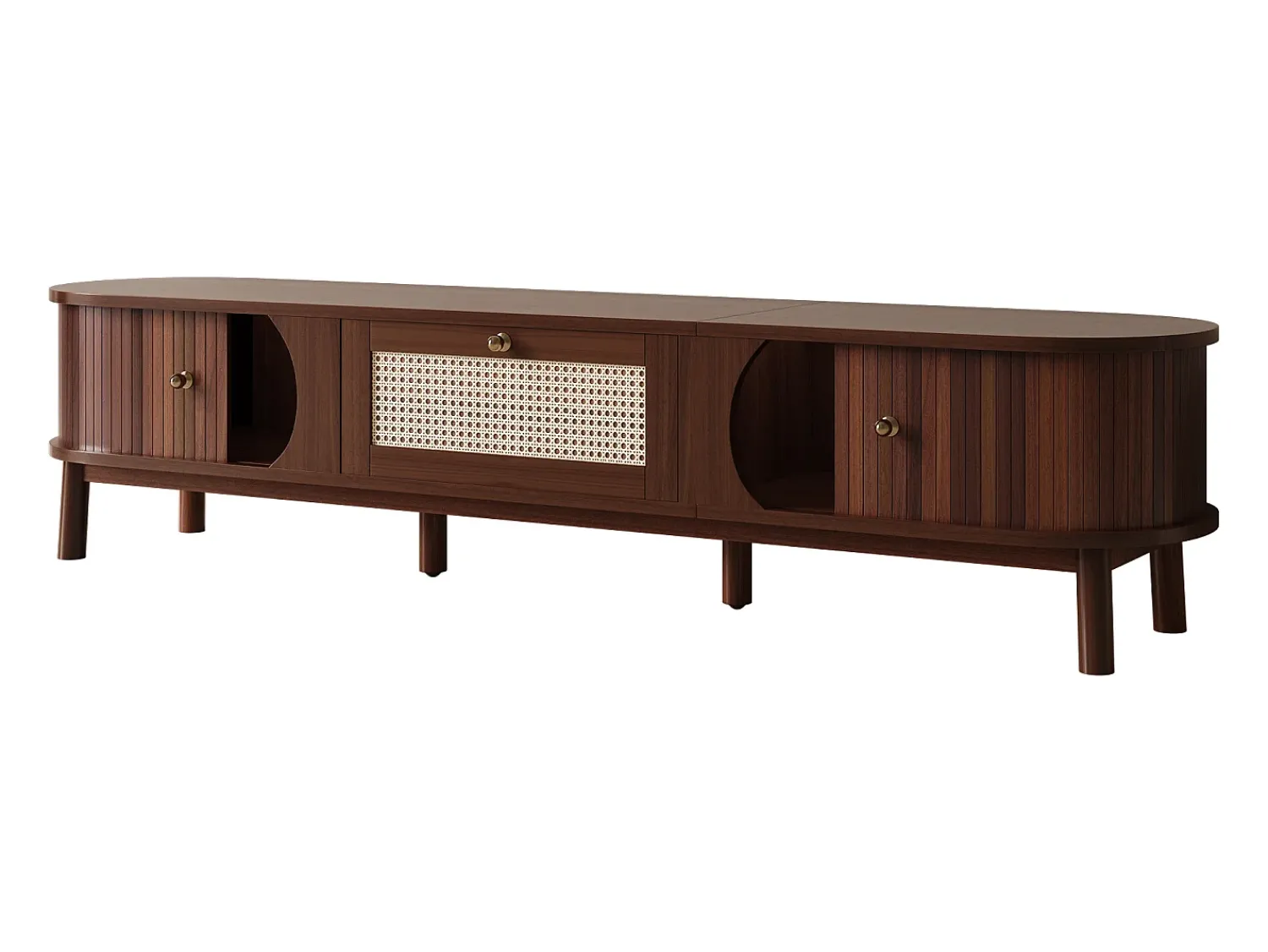 Móvel de TV vintage em nogueira com 2 portas de madeira natural e 1 gaveta de vime, 170 x 39,5 x 38 cm^ Móvel De Tv