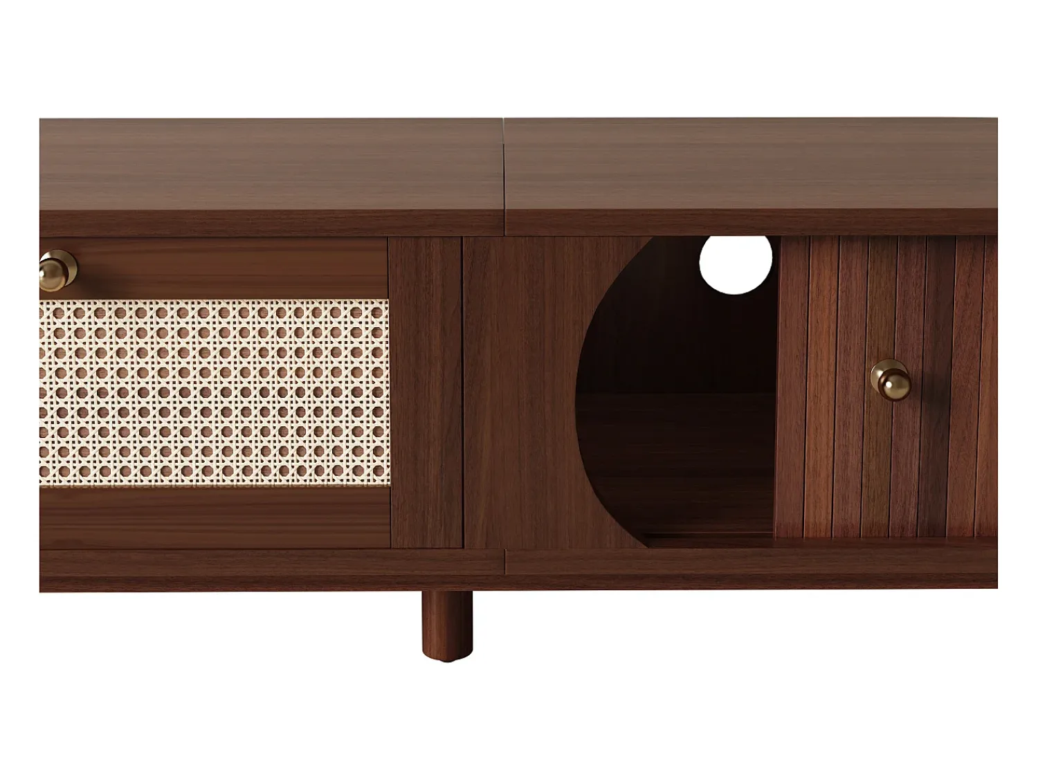 Móvel de TV vintage em nogueira com 2 portas de madeira natural e 1 gaveta de vime, 170 x 39,5 x 38 cm^ Móvel De Tv