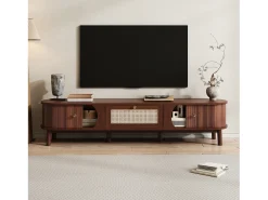 Móvel De Tv* Móvel de TV vintage em nogueira com 2 portas de madeira natural e 1 gaveta de rattan, 170 x 39,5 x 38 cm Natural escuro
