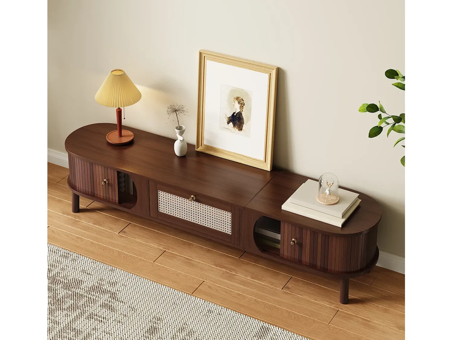 Móvel De Tv* Móvel de TV vintage em nogueira com 2 portas de madeira natural e 1 gaveta de rattan, 170 x 39,5 x 38 cm Natural escuro