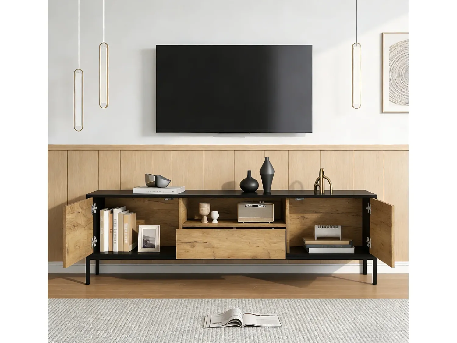 ModernLuxe Móvel de TV 170x35x50 cm - 2 portas e 1 gaveta - TV até 70 polegadas - Painéis de partículas - Natural e preto^ Móvel De Tv