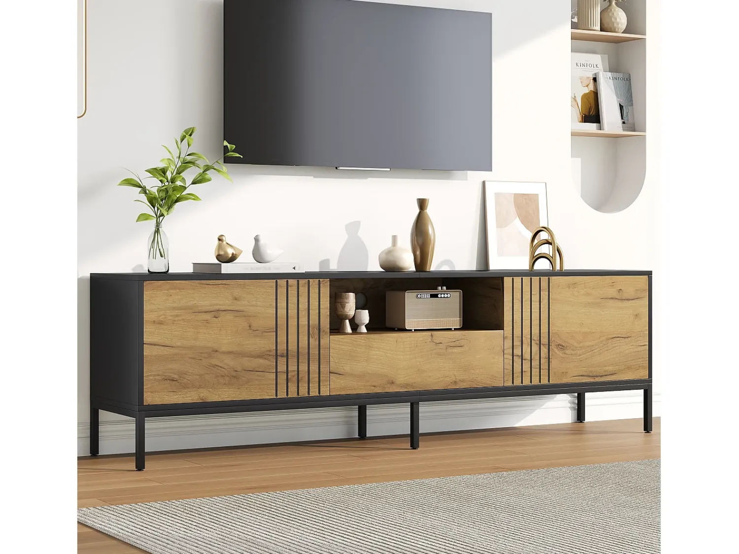 ModernLuxe Móvel de TV 170x35x50 cm - 2 portas e 1 gaveta - TV até 70 polegadas - Painéis de partículas - Natural e preto^ Móvel De Tv