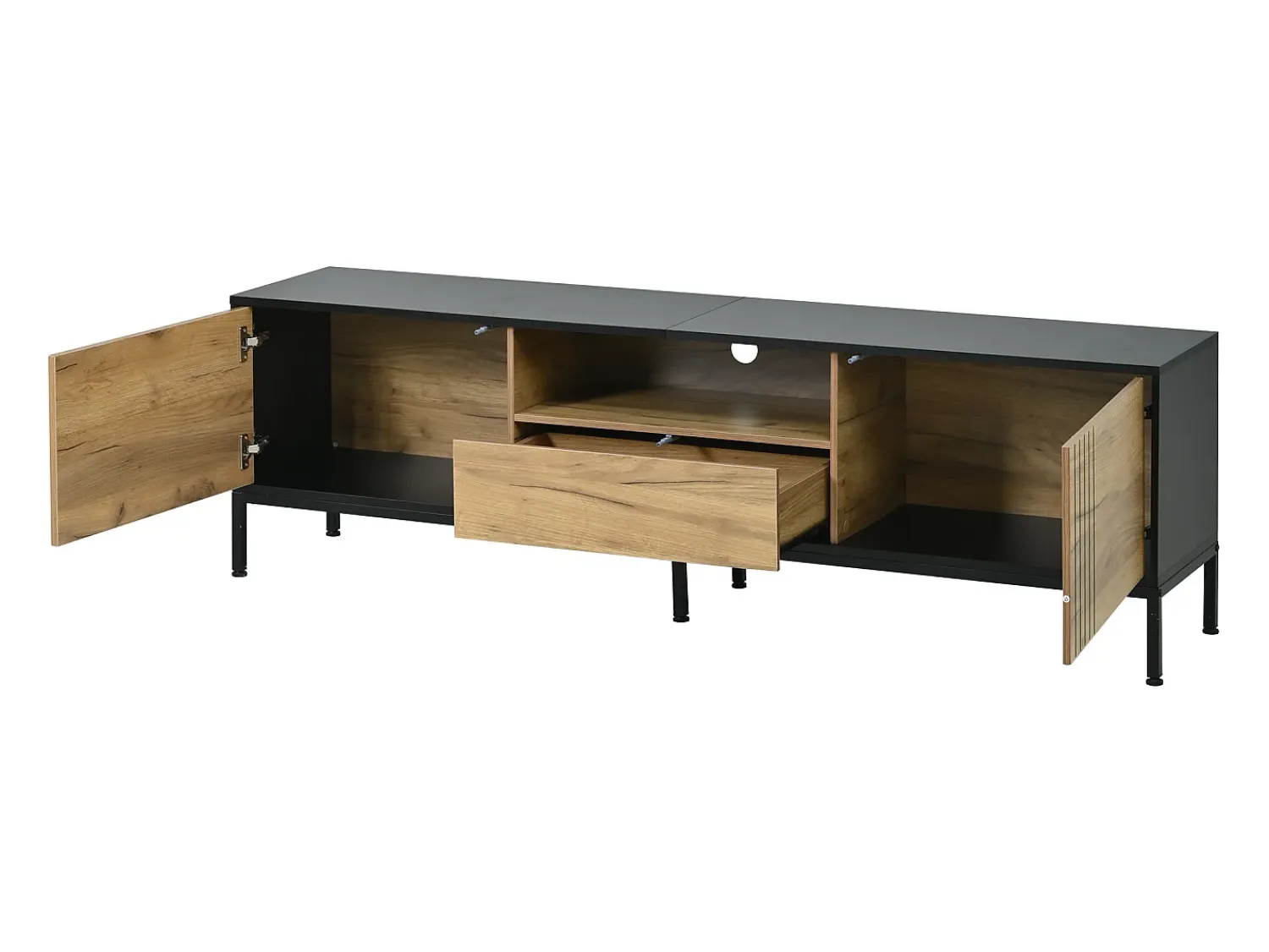 ModernLuxe Móvel de TV 170x35x50 cm - 2 portas e 1 gaveta - TV até 70 polegadas - Painéis de partículas - Natural e preto^ Móvel De Tv