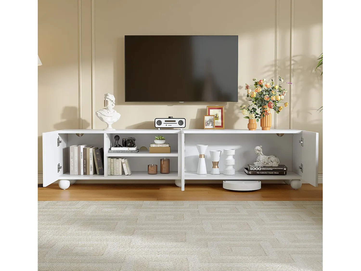 Clearance ModernLuxe Móvel de TV 200x40x44 cm - 3 portas - Armazenamento semifechado - Portas estampadas - Painéis de partículas - Branco