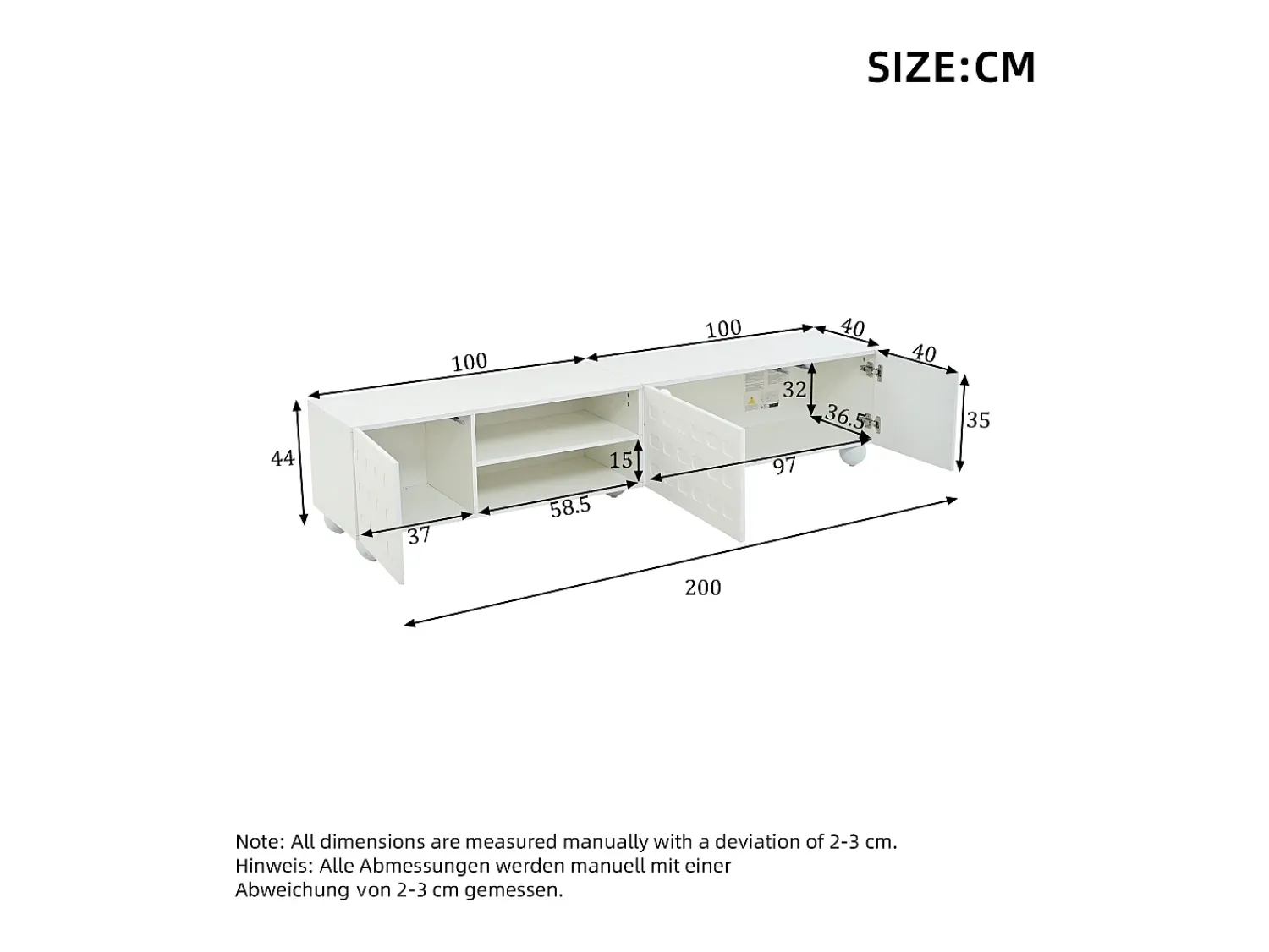 Clearance ModernLuxe Móvel de TV 200x40x44 cm - 3 portas - Armazenamento semifechado - Portas estampadas - Painéis de partículas - Branco