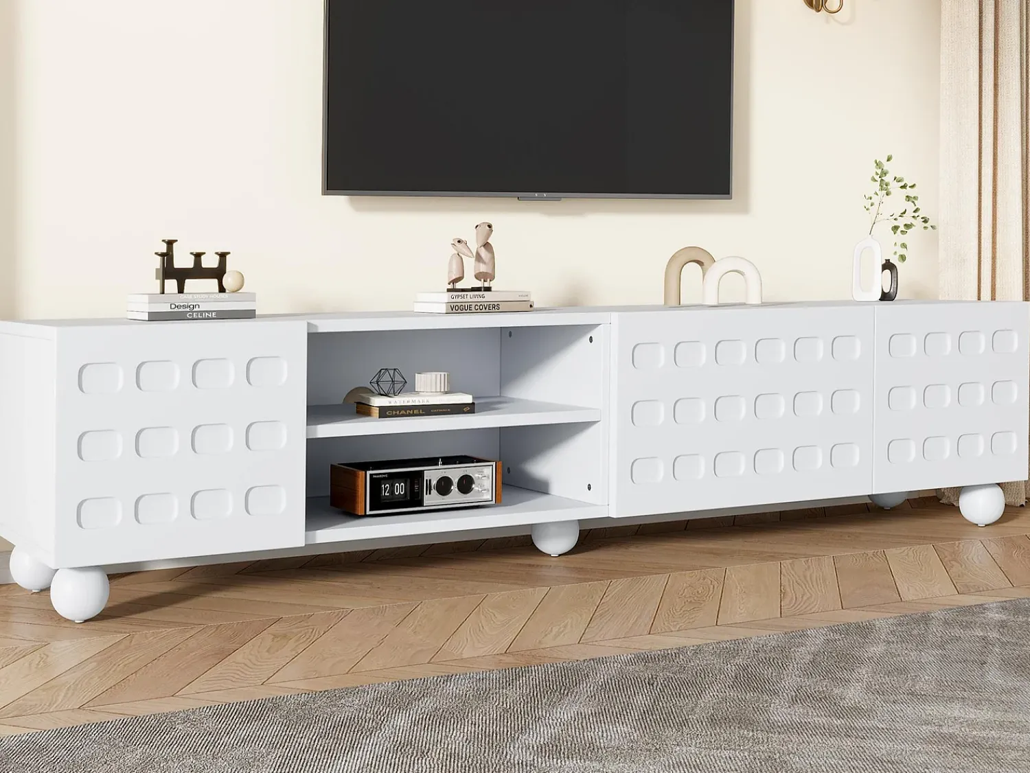 Clearance ModernLuxe Móvel de TV 200x40x44 cm - 3 portas - Armazenamento semifechado - Portas estampadas - Painéis de partículas - Branco