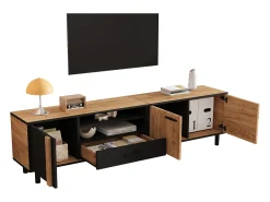ModernLuxe Móvel de TV 180x32.5x50 cm - 3 portas e 1 gaveta - Armazenamento semifechado - Painéis de partículas - Preto e natural^ Móvel De Tv