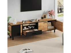 ModernLuxe Móvel de TV 180x32.5x50 cm - 3 portas e 1 gaveta - Armazenamento semifechado - Painéis de partículas - Preto e natural^ Móvel De Tv