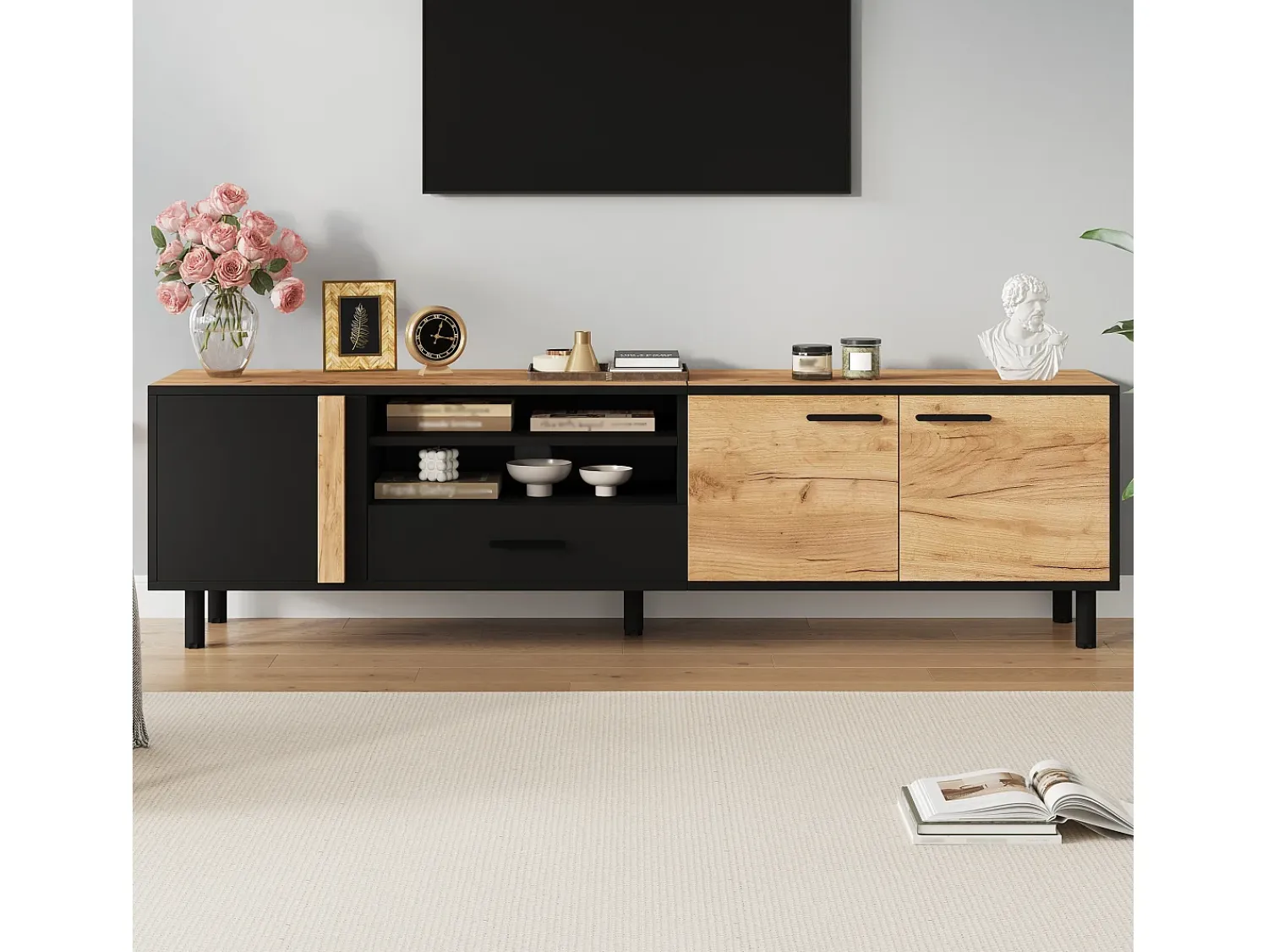 ModernLuxe Móvel de TV 180x32.5x50 cm - 3 portas e 1 gaveta - Armazenamento semifechado - Painéis de partículas - Preto e natural^ Móvel De Tv