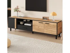 ModernLuxe Móvel de TV 180x32.5x50 cm - 3 portas e 1 gaveta - Armazenamento semifechado - Painéis de partículas - Preto e natural^ Móvel De Tv