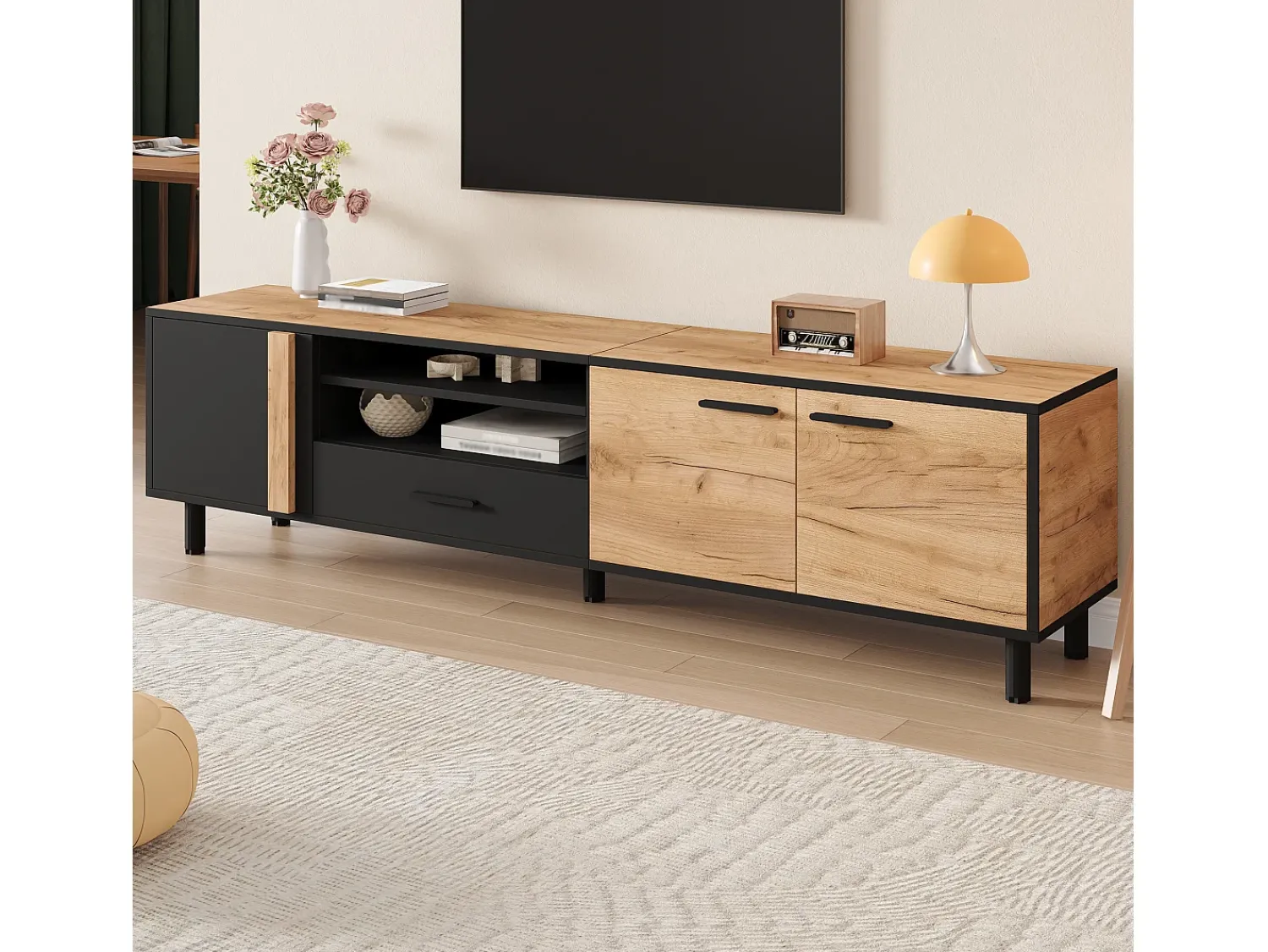 ModernLuxe Móvel de TV 180x32.5x50 cm - 3 portas e 1 gaveta - Armazenamento semifechado - Painéis de partículas - Preto e natural^ Móvel De Tv