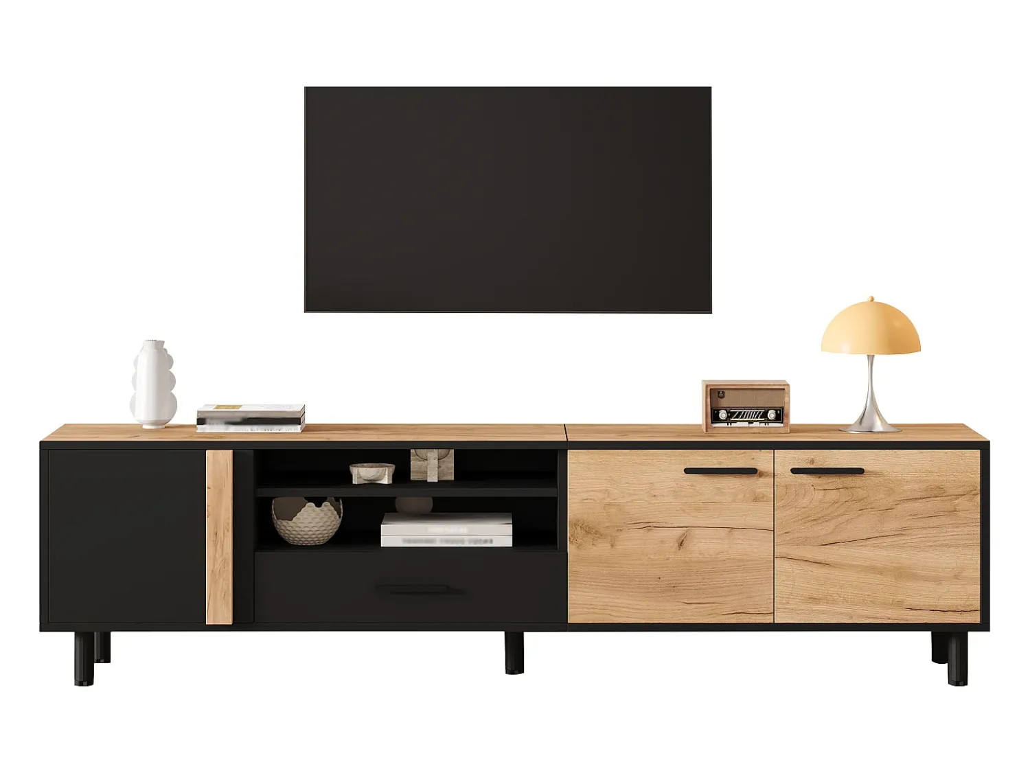 ModernLuxe Móvel de TV 180x32.5x50 cm - 3 portas e 1 gaveta - Armazenamento semifechado - Painéis de partículas - Preto e natural^ Móvel De Tv