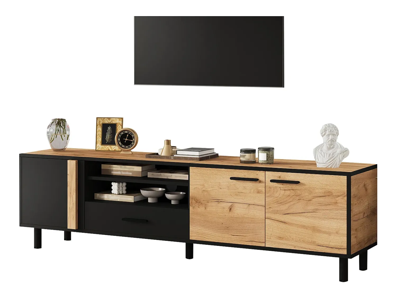 ModernLuxe Móvel de TV 180x32.5x50 cm - 3 portas e 1 gaveta - Armazenamento semifechado - Painéis de partículas - Preto e natural^ Móvel De Tv