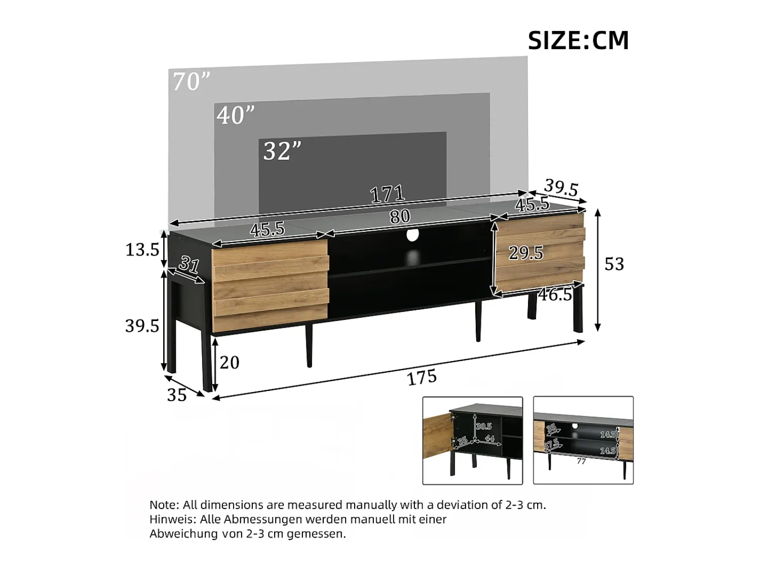 Outlet ModernLuxe Móvel de TV 175x39,5x53 cm - 2 portas e armazenamento aberto - Painéis de partículas - Natural e preto Natural claro