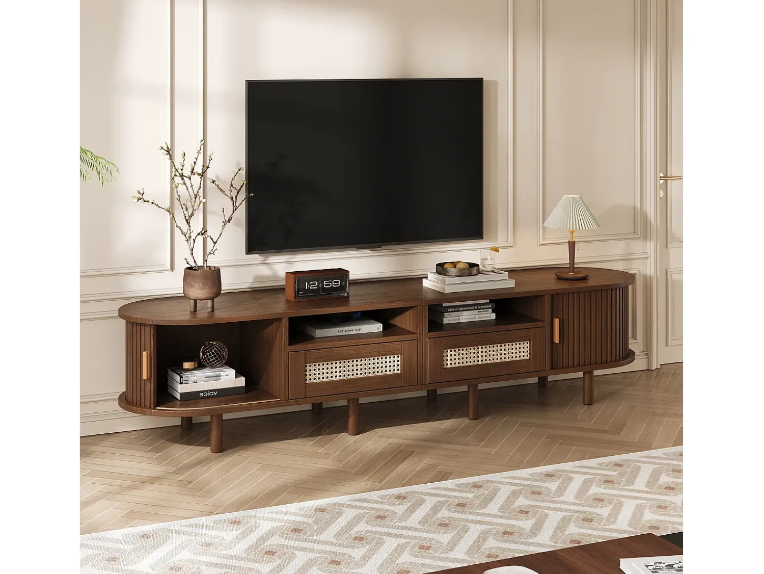Móvel De Tv*ModernLuxe Móvel de TV 170x40x40 cm - com 2 gavetas de rattan - 2 portas corrediças - MDF - Marrom Castanho