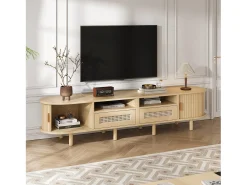 New ModernLuxe Móvel de TV 170x40x40 cm - com 2 gavetas de rattan - 2 portas corrediças - MDF - Natural Natural claro