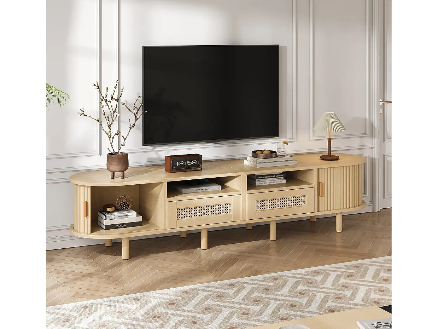 New ModernLuxe Móvel de TV 170x40x40 cm - com 2 gavetas de rattan - 2 portas corrediças - MDF - Natural Natural claro