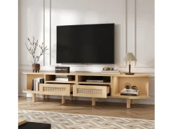New ModernLuxe Móvel de TV 170x40x40 cm - com 2 gavetas de rattan - 2 portas corrediças - MDF - Natural Natural claro