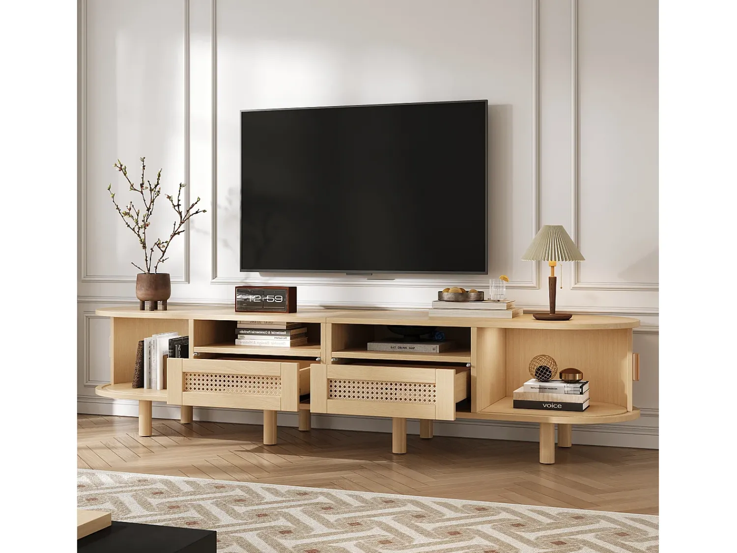 New ModernLuxe Móvel de TV 170x40x40 cm - com 2 gavetas de rattan - 2 portas corrediças - MDF - Natural Natural claro