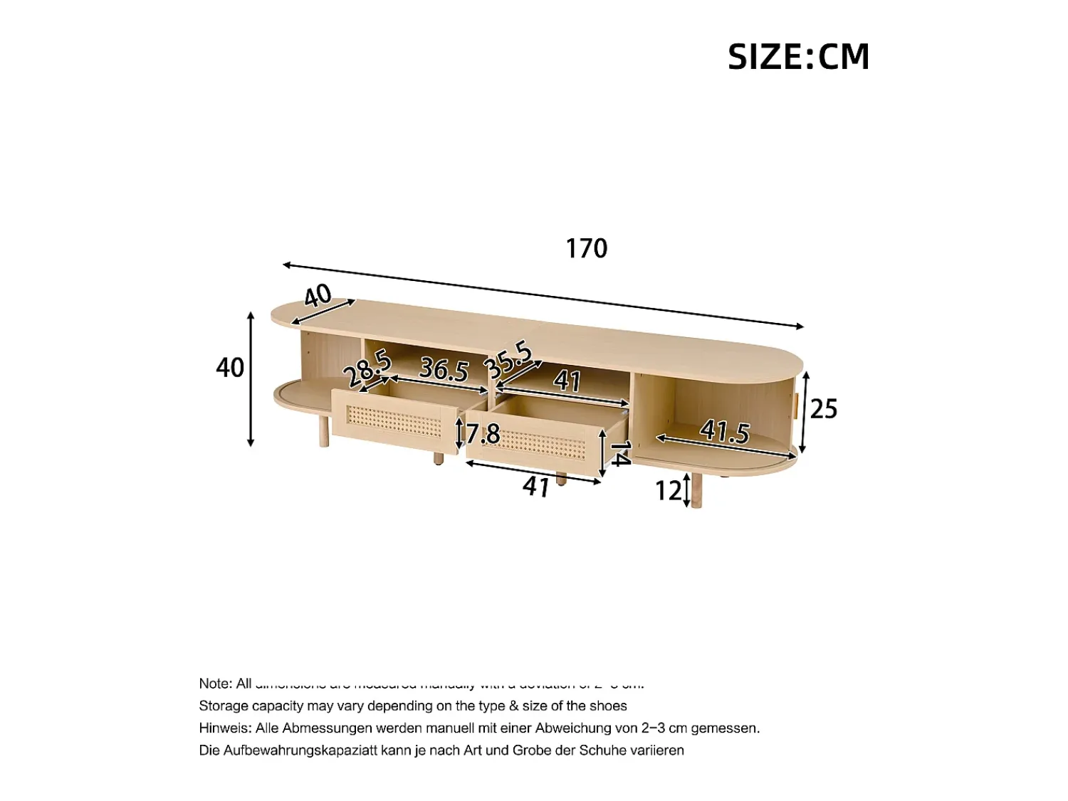 New ModernLuxe Móvel de TV 170x40x40 cm - com 2 gavetas de rattan - 2 portas corrediças - MDF - Natural Natural claro