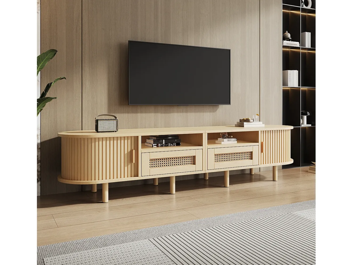 New ModernLuxe Móvel de TV 170x40x40 cm - com 2 gavetas de rattan - 2 portas corrediças - MDF - Natural Natural claro