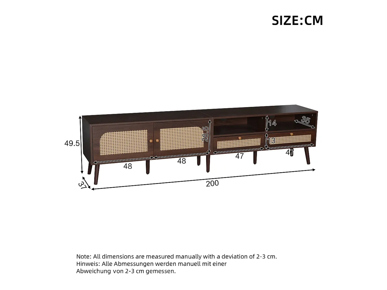 Best ModernLuxe Móvel de TV 200x37x49,5 cm - com 2 portas de vime - 2 gavetas - para TV de 80 polegadas - Castanho