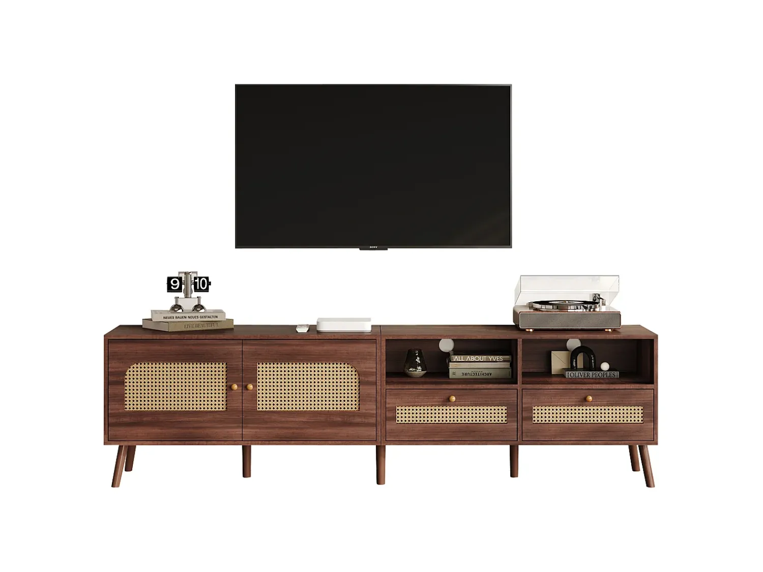 Best ModernLuxe Móvel de TV 200x37x49,5 cm - com 2 portas de vime - 2 gavetas - para TV de 80 polegadas - Castanho