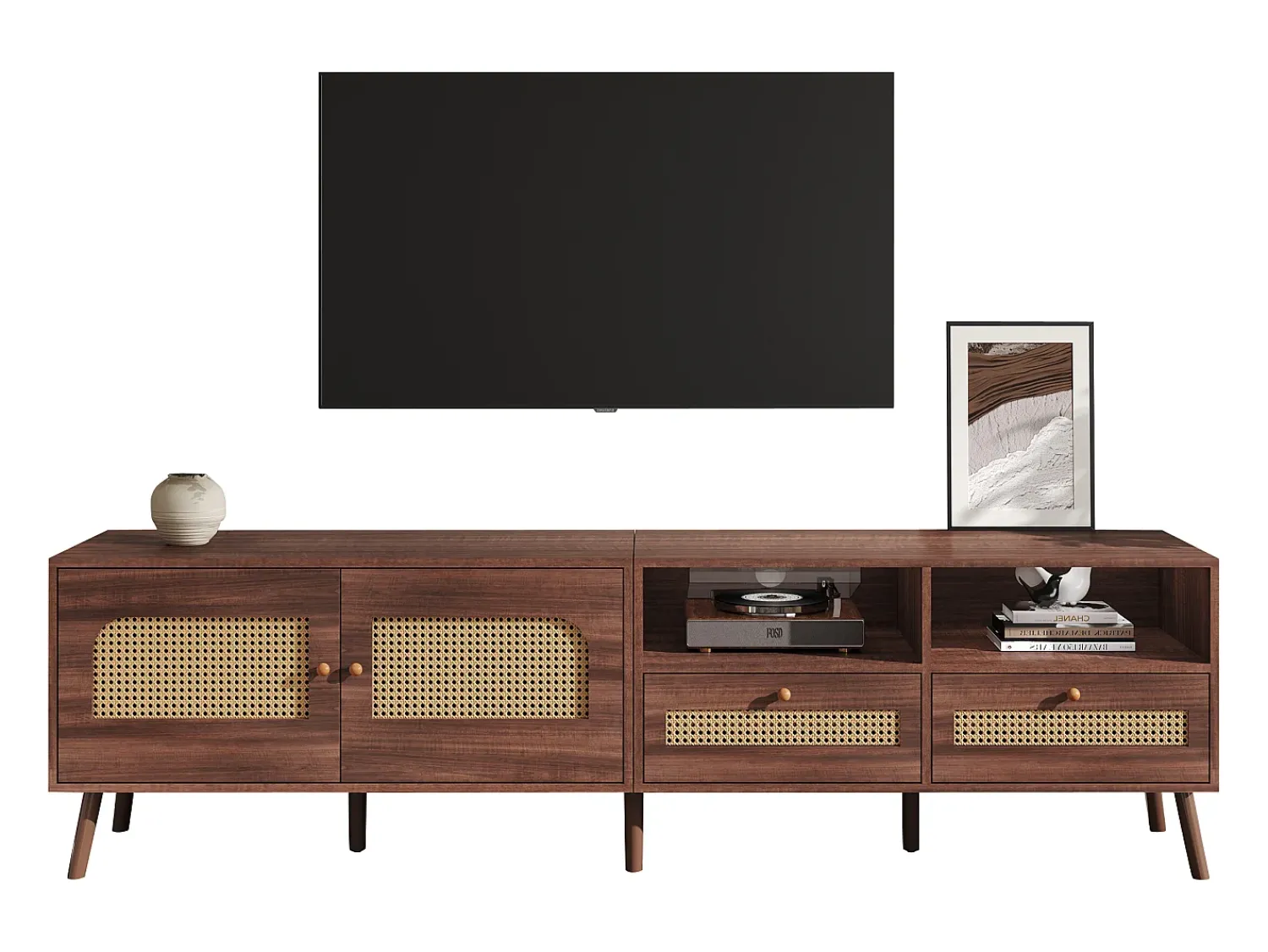 Best ModernLuxe Móvel de TV 200x37x49,5 cm - com 2 portas de vime - 2 gavetas - para TV de 80 polegadas - Castanho