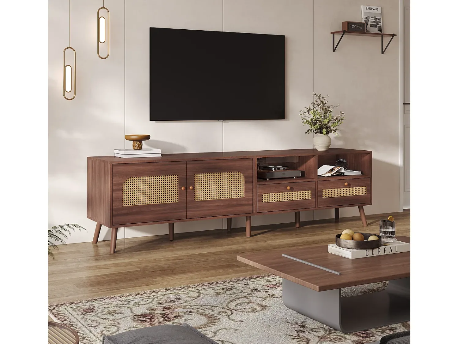 Best ModernLuxe Móvel de TV 200x37x49,5 cm - com 2 portas de vime - 2 gavetas - para TV de 80 polegadas - Castanho