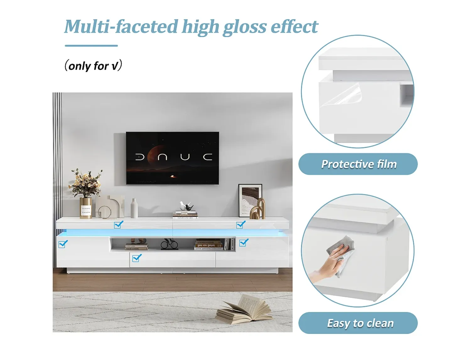 ModernLuxe Móvel de TV 175x38x45 cm - com 2 portas e 1 gaveta - com iluminação LED - Acabamento brilhante -^ Móvel De Tv