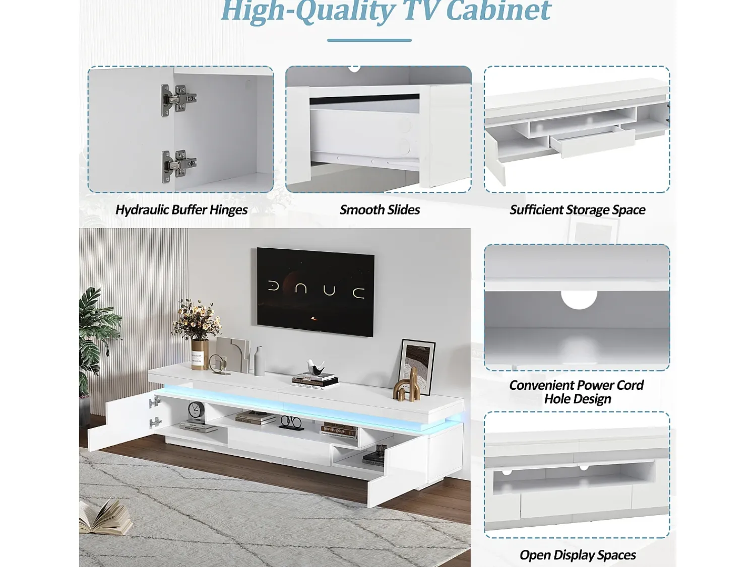 ModernLuxe Móvel de TV 175x38x45 cm - com 2 portas e 1 gaveta - com iluminação LED - Acabamento brilhante -^ Móvel De Tv