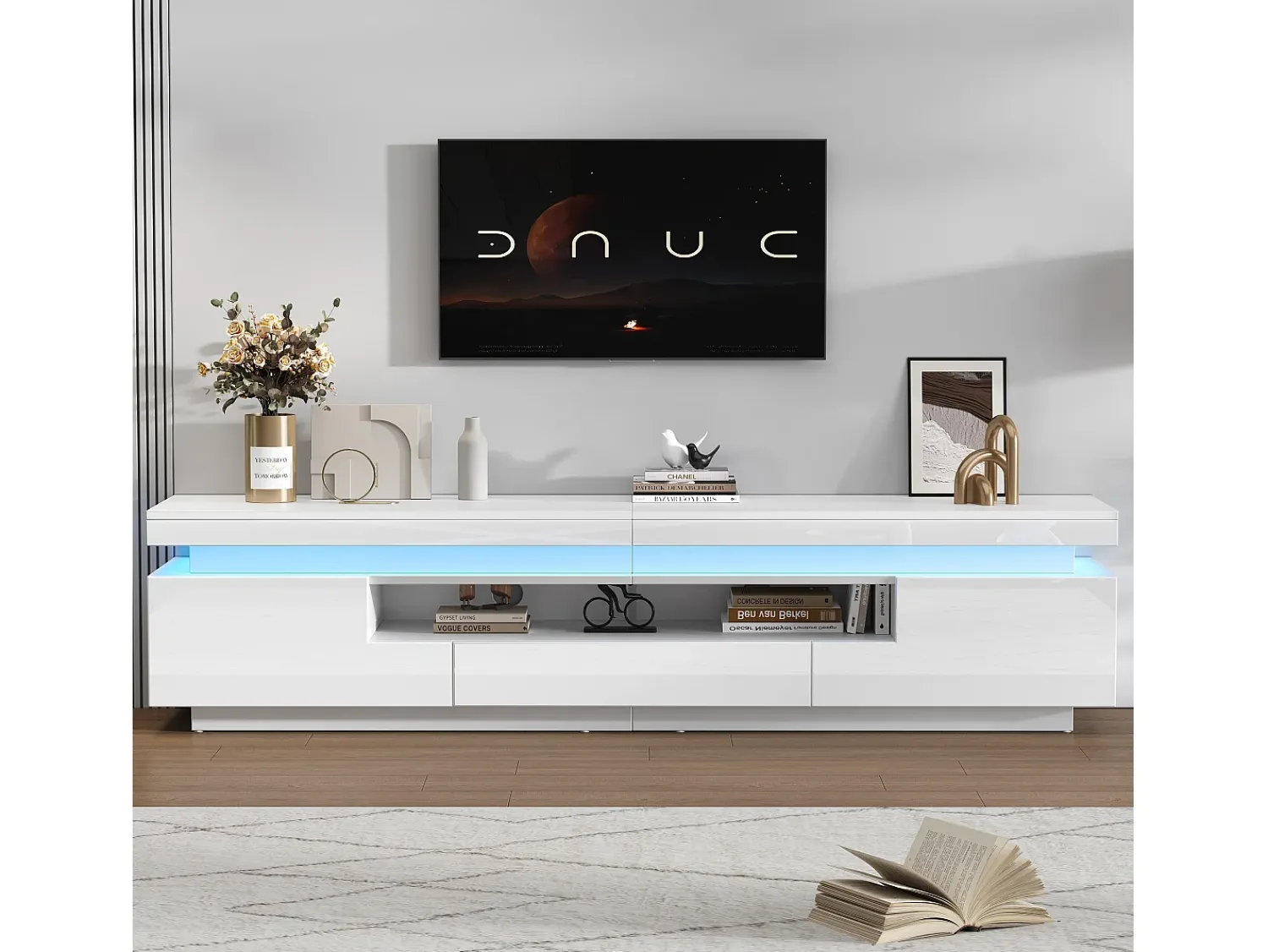 ModernLuxe Móvel de TV 175x38x45 cm - com 2 portas e 1 gaveta - com iluminação LED - Acabamento brilhante -^ Móvel De Tv