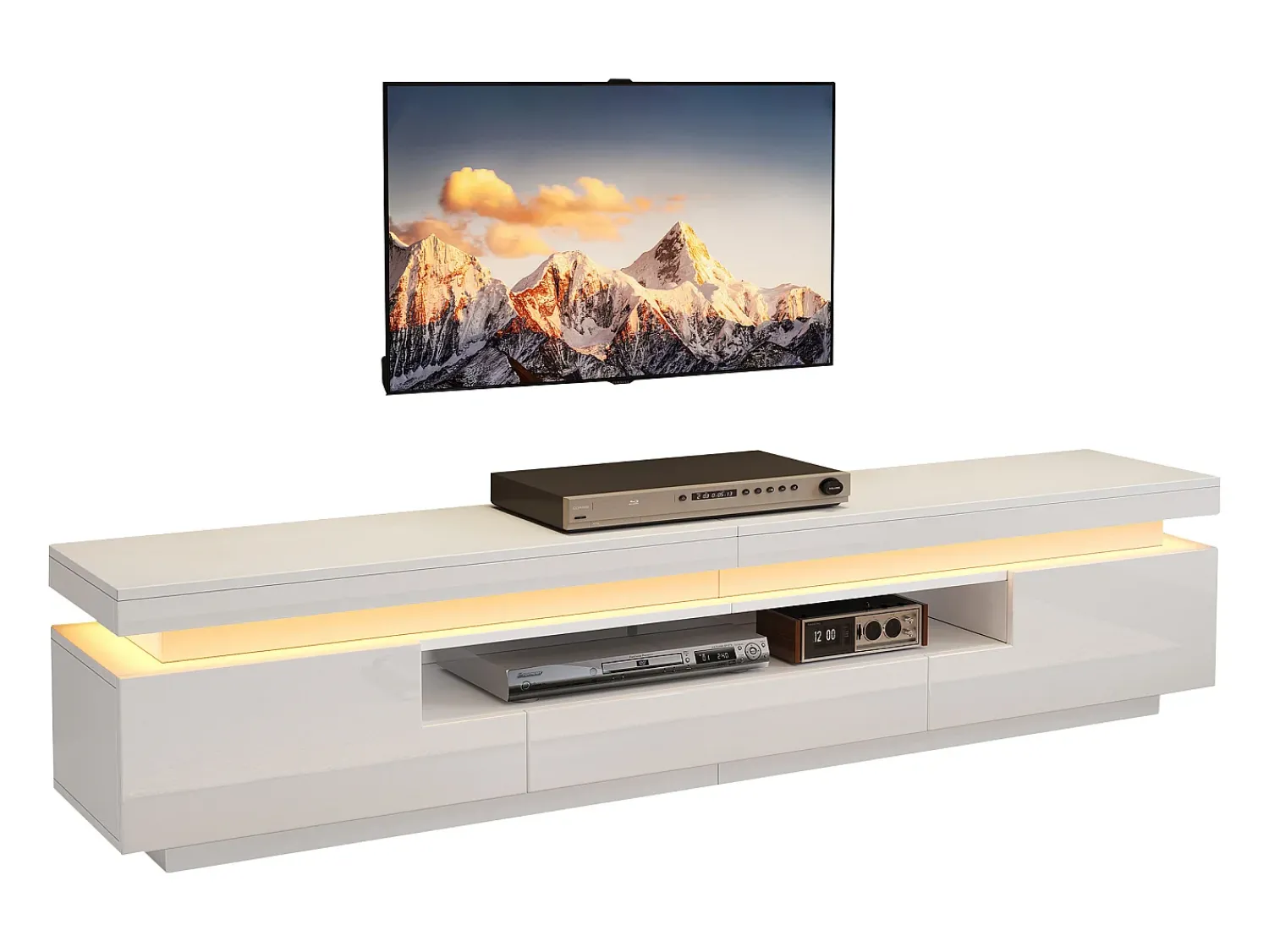 ModernLuxe Móvel de TV 175x38x45 cm - com 2 portas e 1 gaveta - com iluminação LED - Acabamento brilhante -^ Móvel De Tv