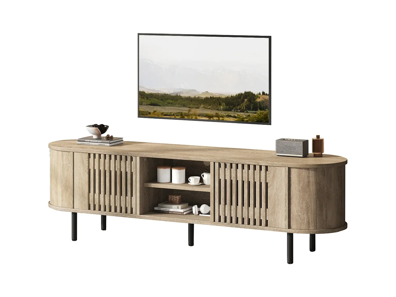 Móvel De Tv*ModernLuxe Móvel de TV 160x40x47 cm - con 2 portas - Armazenamento semifechado - Design vazado - Pés de metal - MDF - Natural Natural claro