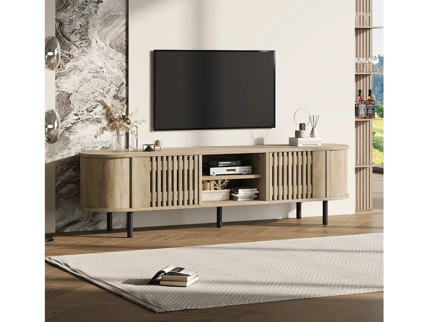 Móvel De Tv*ModernLuxe Móvel de TV 160x40x47 cm - con 2 portas - Armazenamento semifechado - Design vazado - Pés de metal - MDF - Natural Natural claro