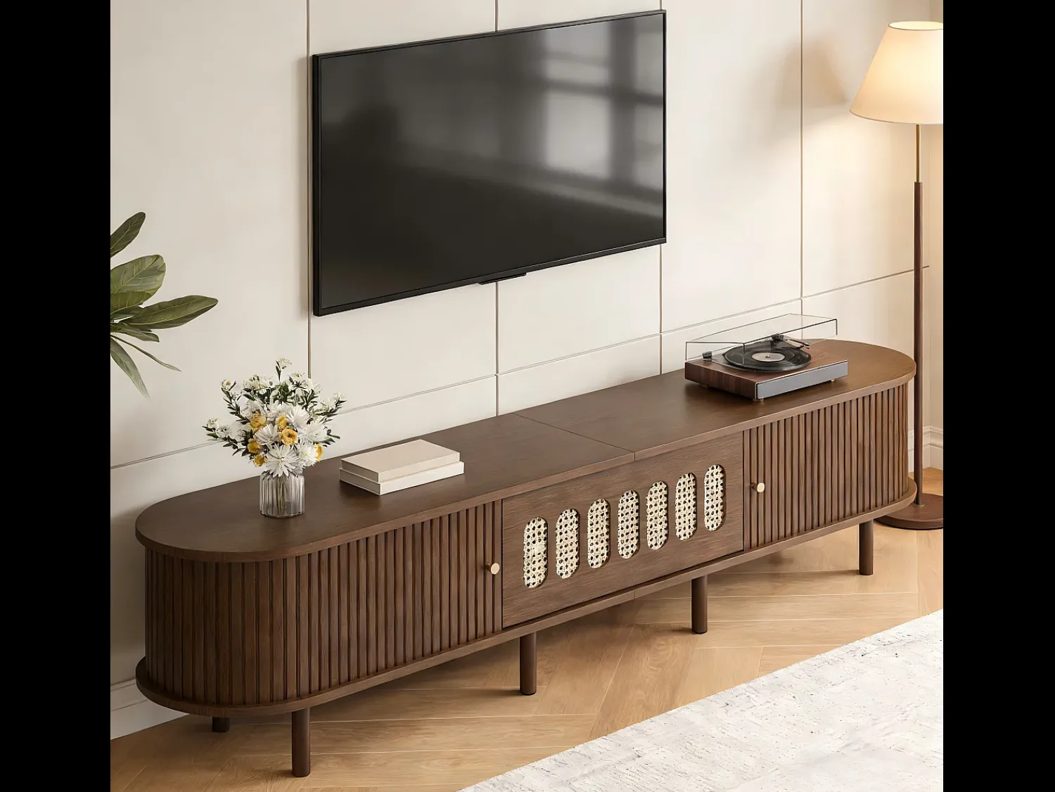 ModernLuxe Móvel de TV 180x40x40 cm - Design em rattan - 2 portas de enrolar e 1 porta basculante - MDF - Marrom^ Móvel De Tv