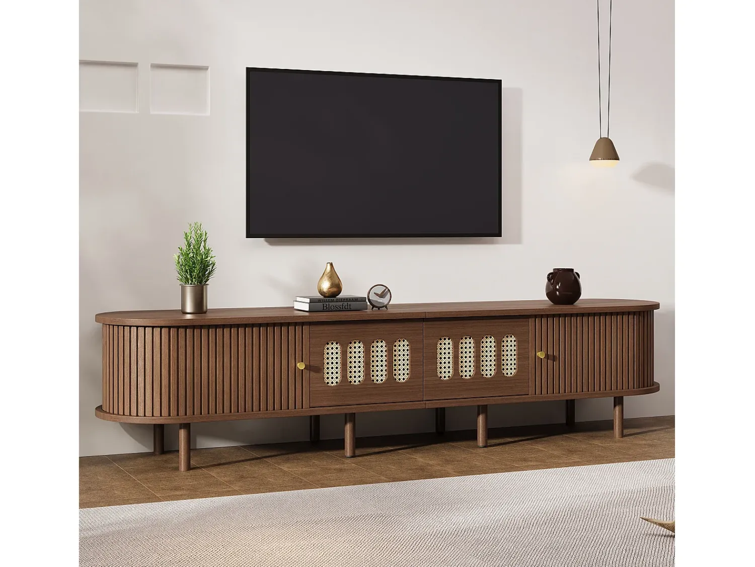 ModernLuxe Móvel de TV 180x40x40 cm - Design em rattan - 2 gavetas e 2 portas de correr - MDF - Marrom^ Móvel De Tv