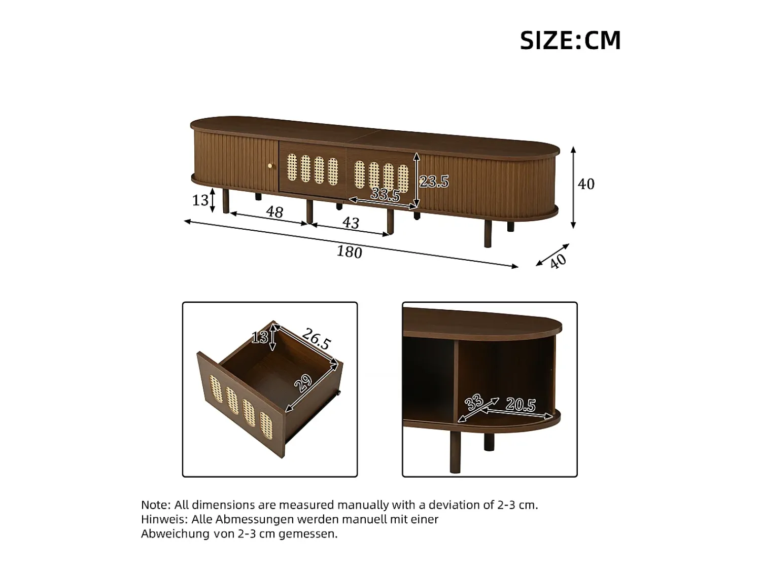 ModernLuxe Móvel de TV 180x40x40 cm - Design em rattan - 2 gavetas e 2 portas de correr - MDF - Marrom^ Móvel De Tv