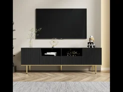 Móvel De Tv* Móvel de TV 165x36x55 cm com armazenamento, 2 portas e 2 gavetas, Móvel de TV baixo, Pés dourados, Preto