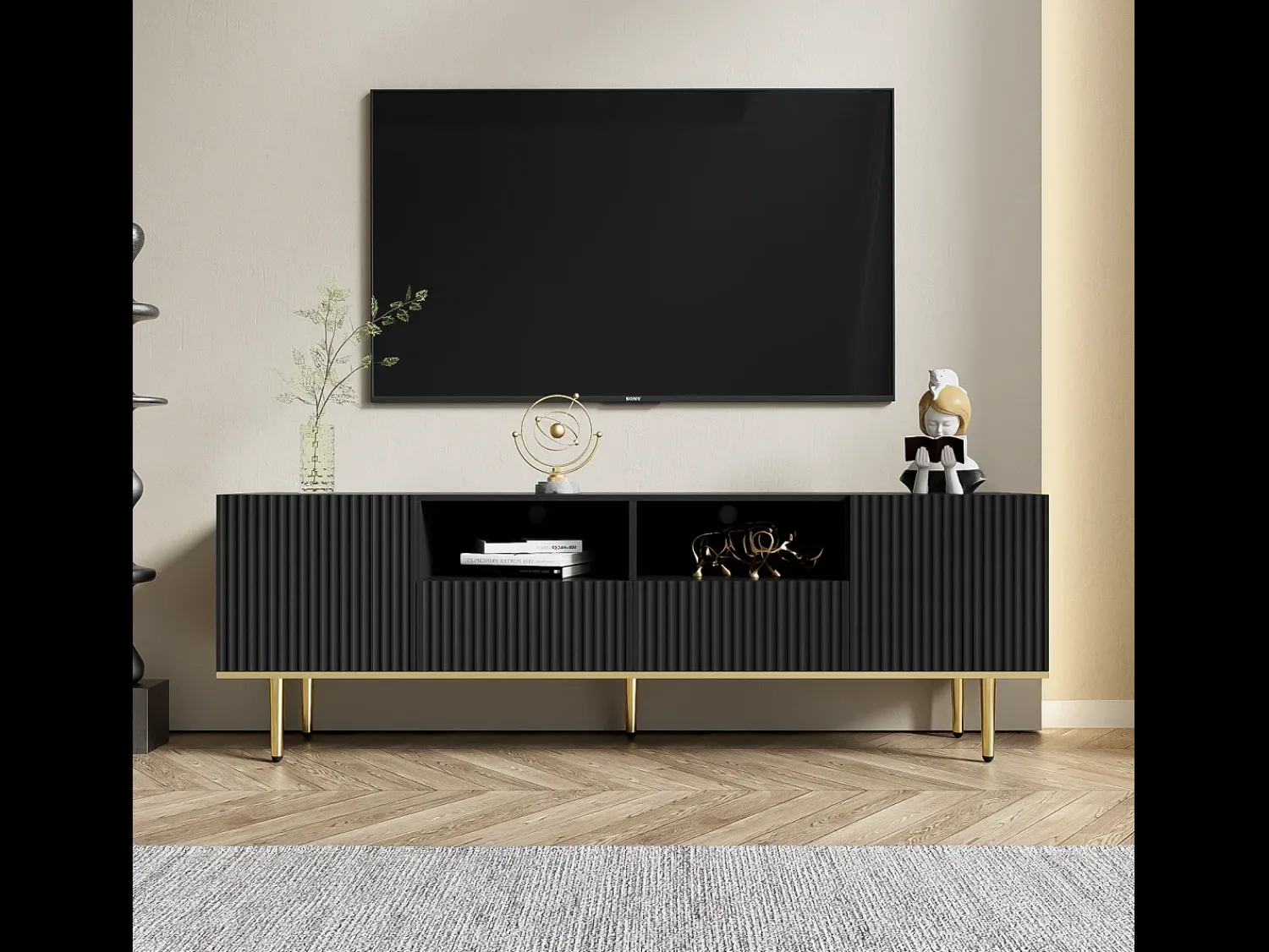 Móvel De Tv* Móvel de TV 165x36x55 cm com armazenamento, 2 portas e 2 gavetas, Móvel de TV baixo, Pés dourados, Preto