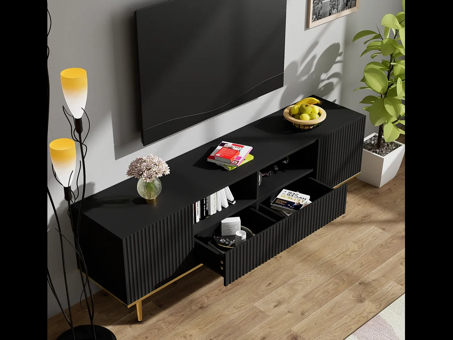 Móvel De Tv* Móvel de TV 165x36x55 cm com armazenamento, 2 portas e 2 gavetas, Móvel de TV baixo, Pés dourados, Preto