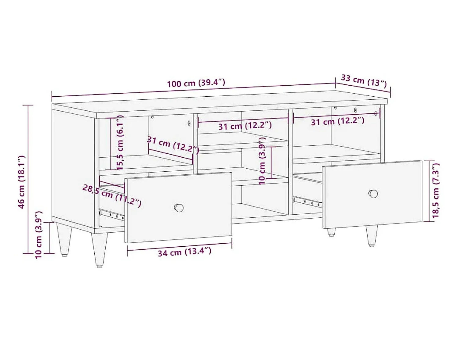 vidaxl Móvel de TV 100x33x46 cm madeira de mangueira maciça^ Móvel De Tv